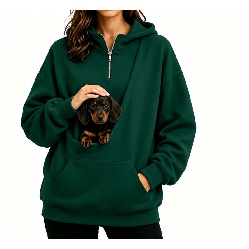 Womens Half-Zip Hooded Sweatshirt With Pet Pocket Loose Fit Fall Winter Top Small Dogs