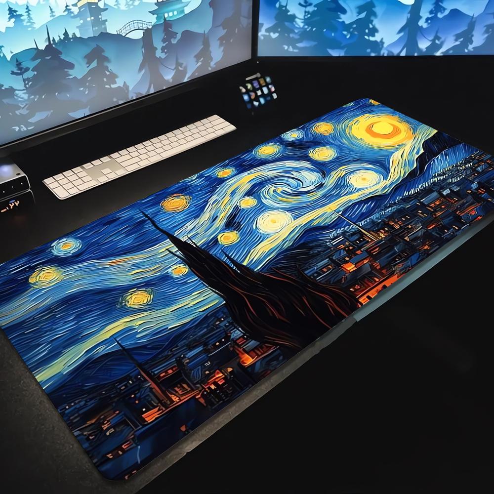 XXL Oil Painting Pattern Gaming Mouse Pad, Non-Slip Edge-Locked Rubber Keyboard Rug, Extra Large Office Decorative Desk Mat