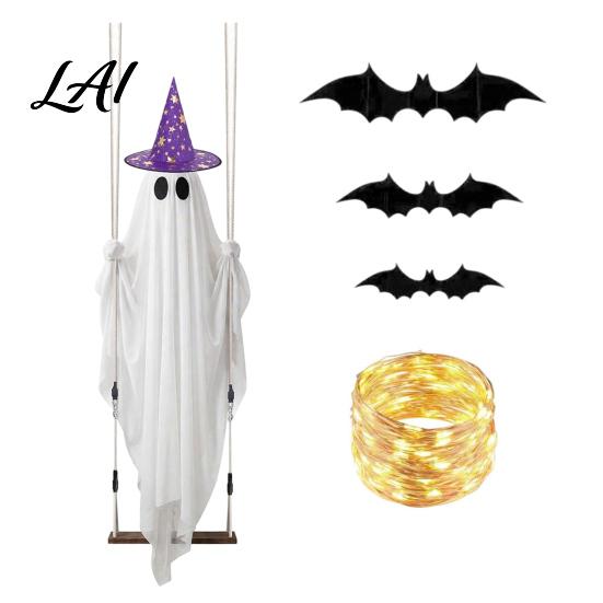 Geisterhafte Hängelichter für die Terrasse Halloween Schaukel Geist-Ornament mit LED-Lichterkette Außen Dekoration Verstellbare Gruselige Displays Aufleuchtendes Fledermaus-Dekor