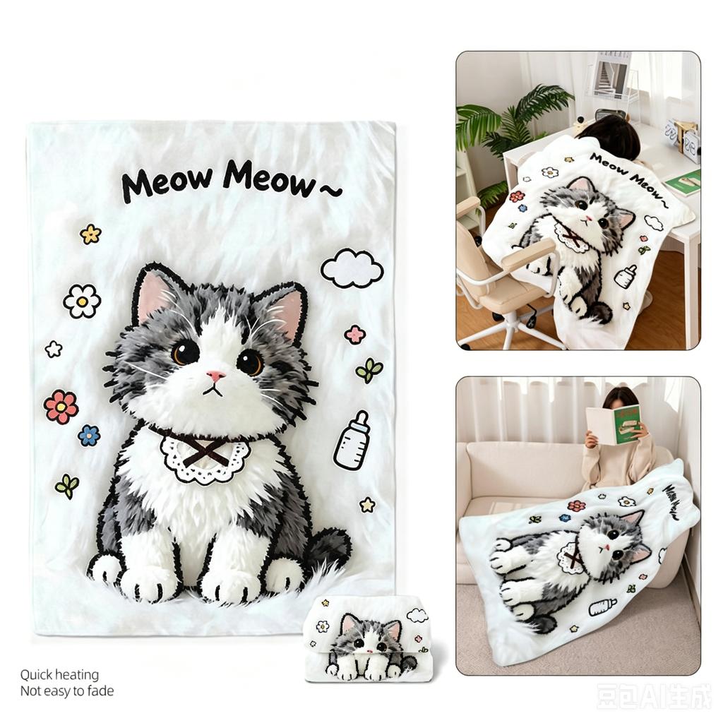 Cute 2D Cat Flannel Blanket, Soft Fuzzy Kawaii Kitten Throw Blanket, Cartoon Shark Hat Ragdoll Cat Nap Blanket for Sofa Office B