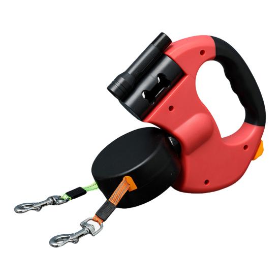 Dual Retractable Dog Leash Double Headed 16ft Extendable Lead with Poop Bag Dispenser And LED Light for 2 Small Dogs Up To 5kg
