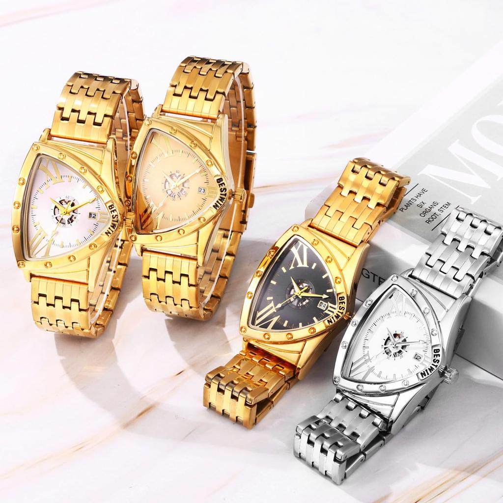 Trekantet Rustfritt Stål Gull Gull Svart Nyttår Armbåndsur, Herre, Vanntett, Regntett, Urskive, Stål, Indeks, Justerbar, Kasse, Rem, Urskive, Kvarts,