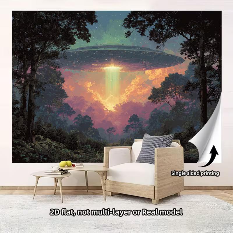 2D Aesthetic UFO Abduction Backdrop, Colorful Forest Sunset & UFO Wall Decor