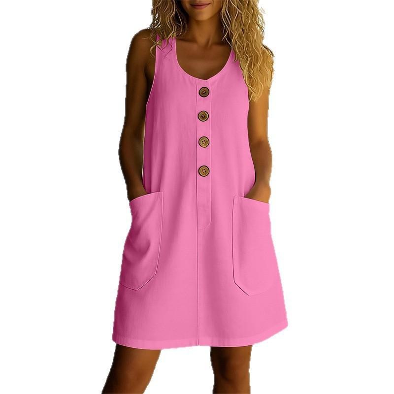 Abito Estivo Casual Senza Maniche in Lino Monocolore Giuntato con Scollo a U per Donna