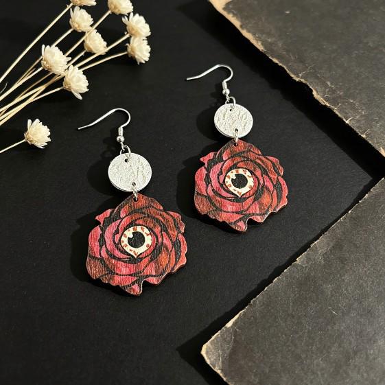 Gothic Style Red Rose and All-Seeing Eye Wood Earrings - Halloween Dark Floral Design
