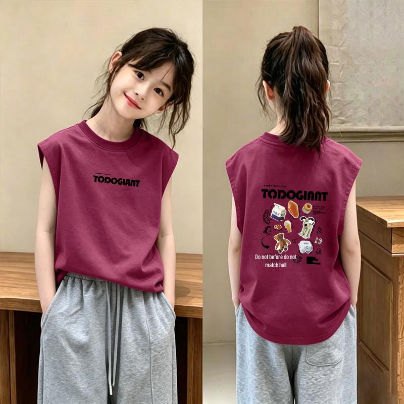 Trendy Sleeveless Round Neck Cotton T-shirt for Girls - Stylish Purple-Red Summer Top