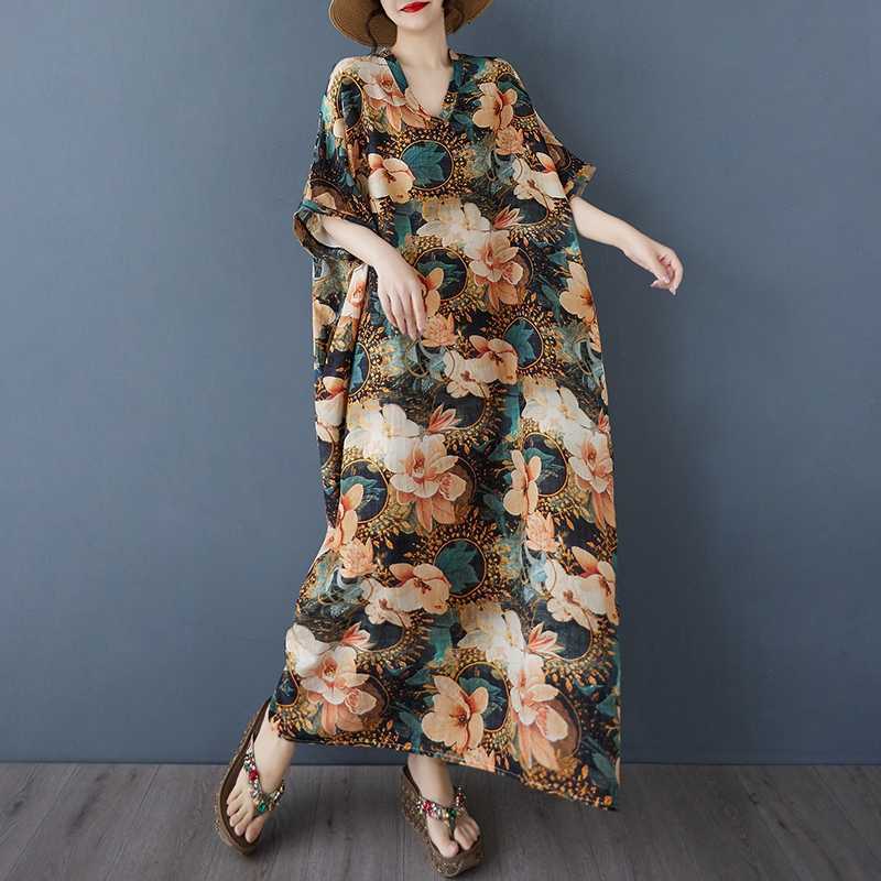 Women's Vintage Long Dress with Cotton and Linen Patterns