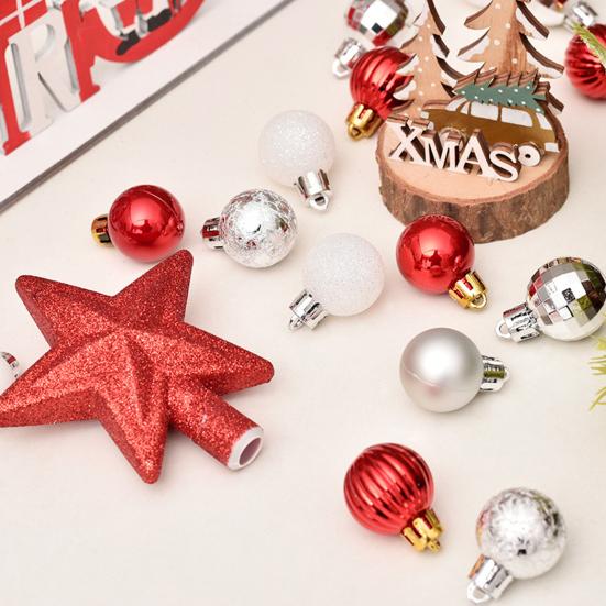 30 Pcs Mini Christmas Ball Ornaments Set 1.81 Inch Plastic Christmas Ball Hanging Ornaments with Glitter Tree Topper Star for Holiday Wedding Birthday