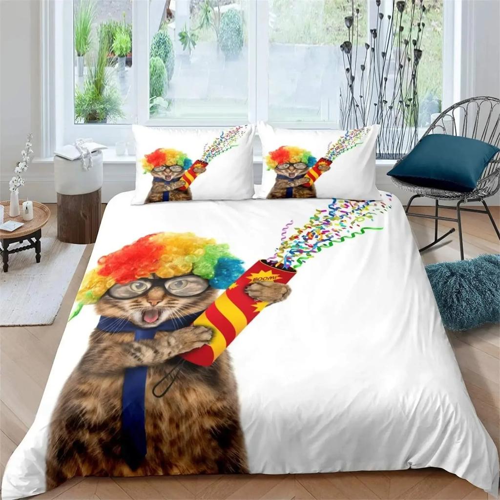 Orange Cat Duvet Cover Set King Queen Size Cute Animals Pattern Polyester Comforter Cover Quilt Cover For Kids Teens Bedding Set