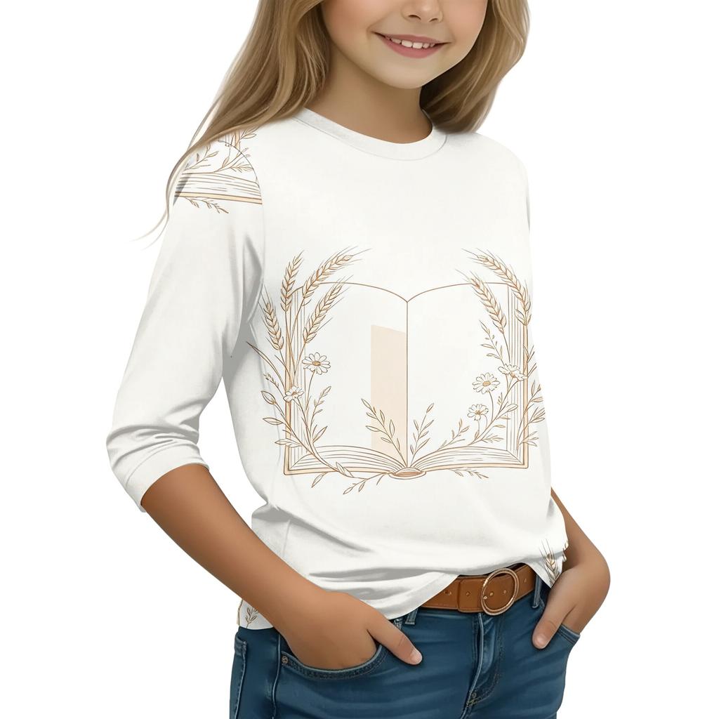 Kids' Casual Round Neck Printed 3/4 Sleeve Top, Back to School