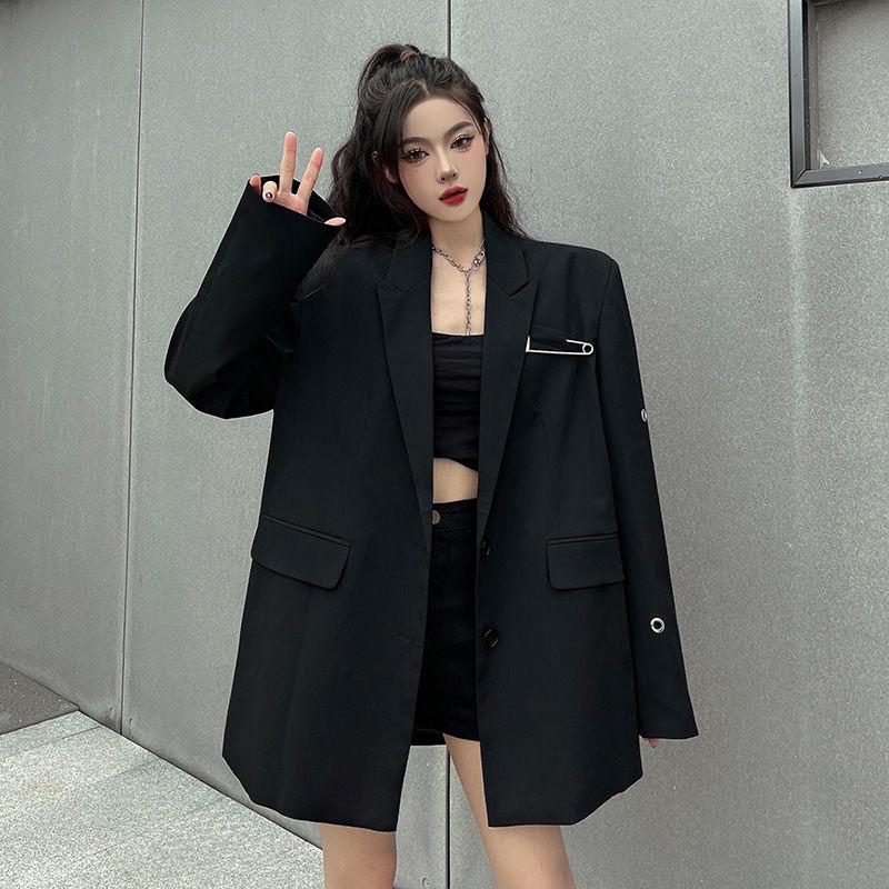 Cappotto Premium Nero Oversize dal Design Unico per Donna, Blazer Top Chic Street Fashion Taglia Piccola con Sensazione di Alta Gamma