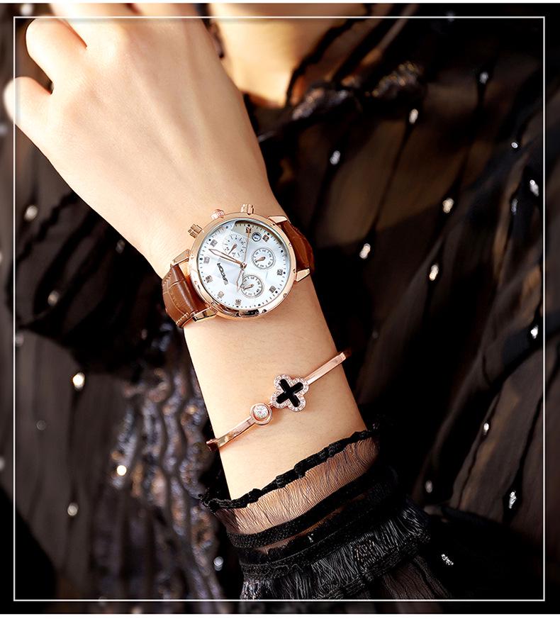 Sanda Women's Trendy Korean Style Casual Watch with Small Seconds, Inlaid Diamonds, and Waterproof Leather Strap
