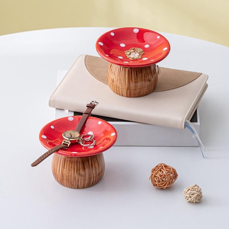 Ceramic Mushroom Jewelry Tray with Raised Ring Holder Dish, Tabletop Catchall Tray for Vanity and Bedside Table