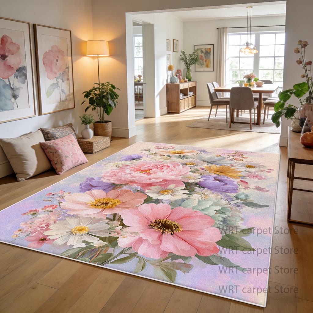 Cream Pink Color Floral Decoration Home Carpet Living Room Dining Room Area Non-slip Rug Patio Foldable Short Velvet Floor Mat