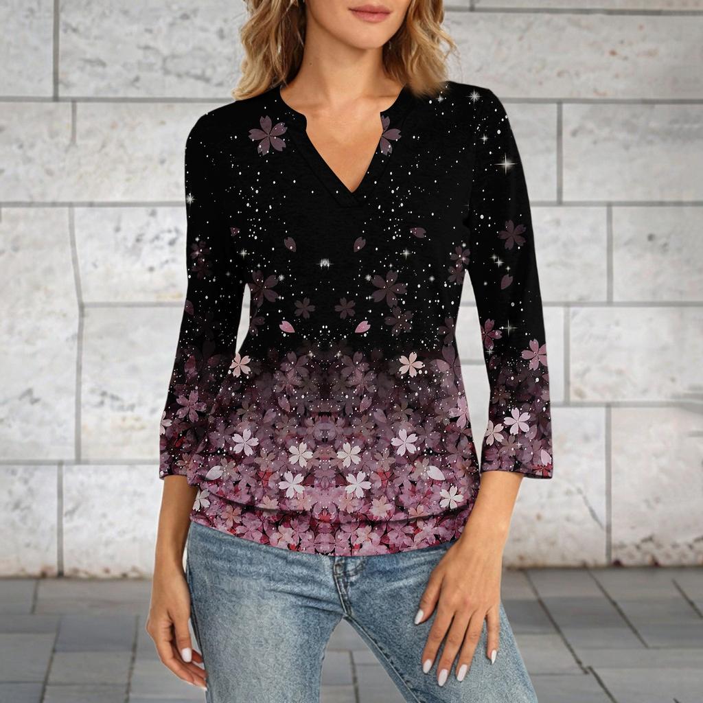 Damen 3/4-Ärmel Oberteil Hals Saum V-Ausschnitt Sommer Freizeit T-Shirt Vintage Bedrucktes Oberteil