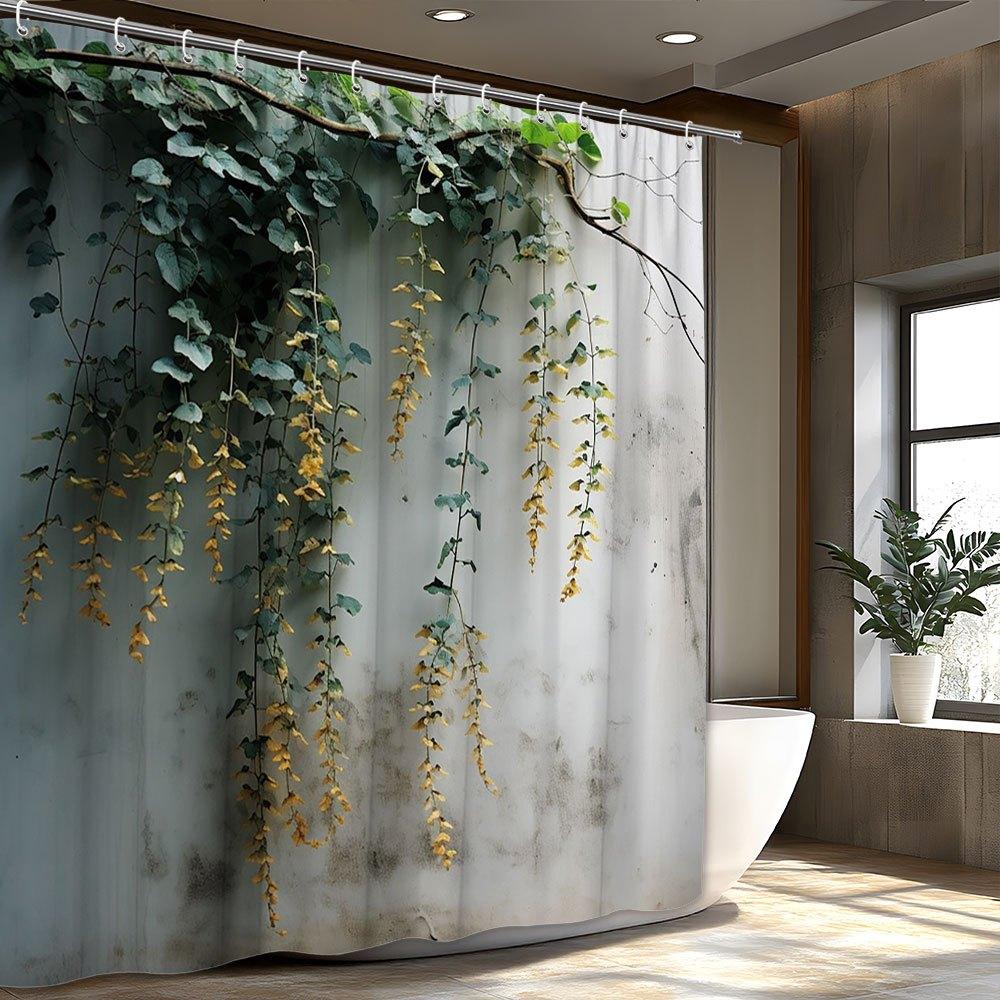 1pc Cascading Vine Shower Curtain with Yellow Berries & Eucalyptus Design, 70x70 Inches, Weathered Wooden Wall Look,