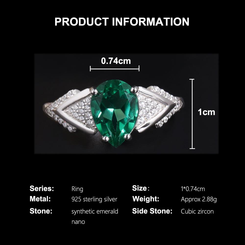 925 Sterling Silver Women Ring Created Pear 7*10mm Emerald Nano Rhodium Plating Jewelry for Women Anniversary Party Gifts