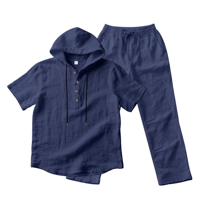 Autumn Casual Linen Hooded Short Sleeve Henley Shirt with Long Pants Set for Men