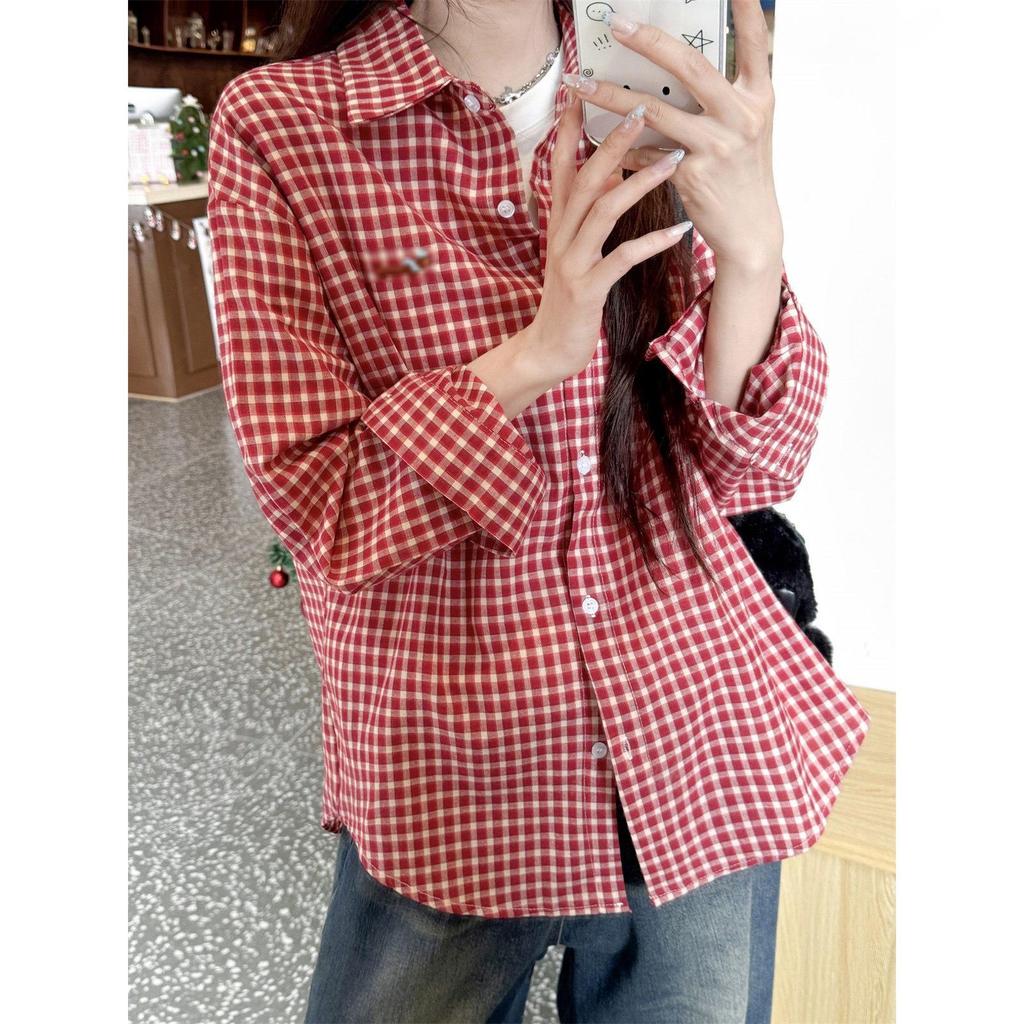 Women's Red Embroidered Plaid Shirt Jacket - Spring 2025 Small Size Casual Fashion