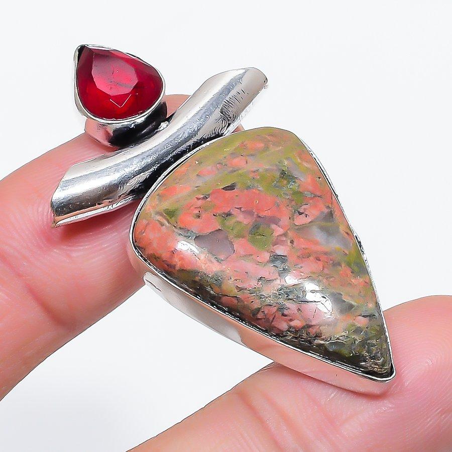

Natural Unakite, Garnet Gemstone 925 Sterling Silver Jewelry Pendant 2.05 M8F01