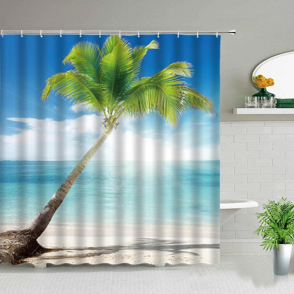 Palm Tree Ocean Scenery Shower Curtains Beach Sea Landscape Waterproof Polyester Fabric Bathroom Decor Bath Curtain with Hooks