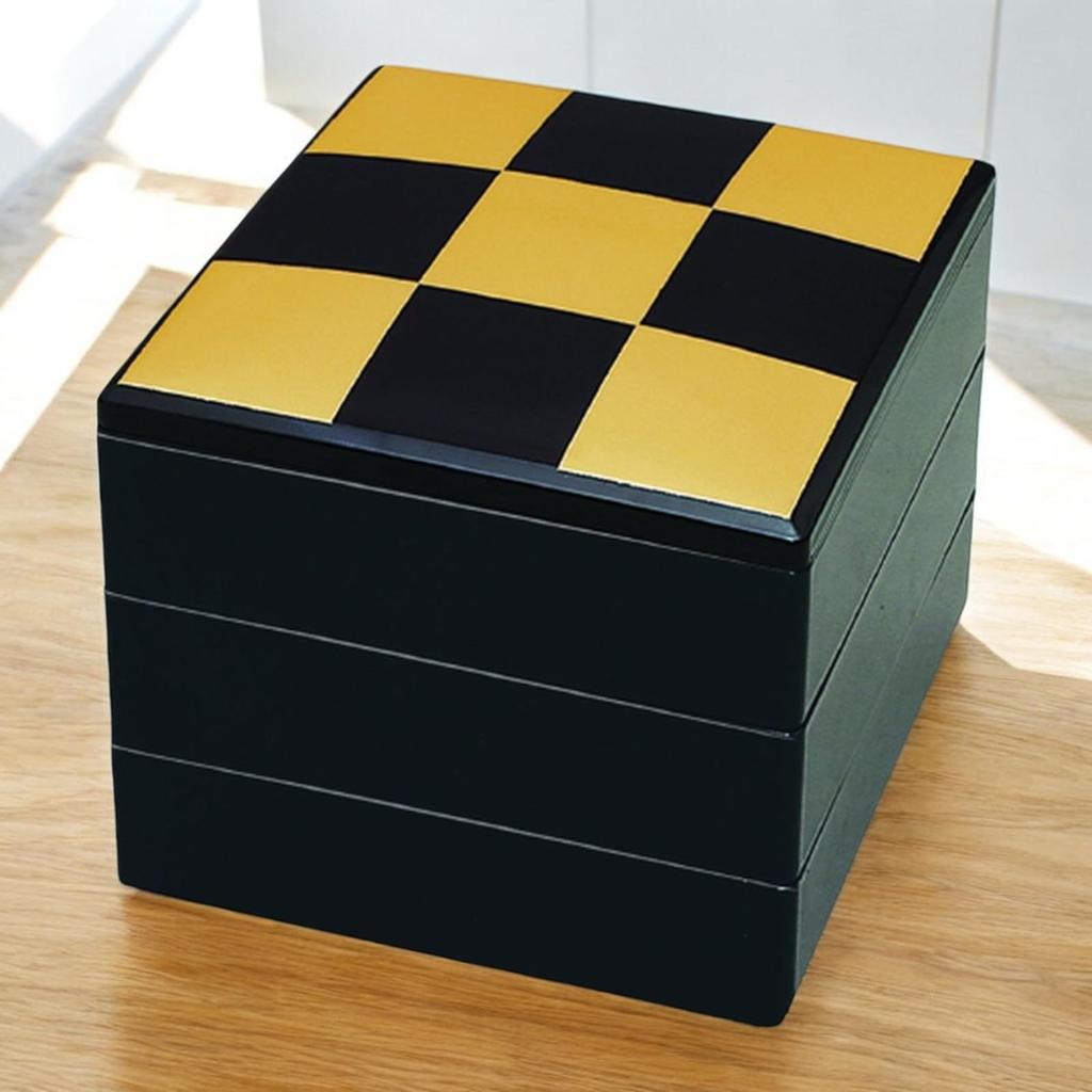 J-kitchens Dinner Lacquerware Jubako Box, 3 Tiers, 7-inch, Spring Breeze Black Checkered Design, 20cm, Resin, Made in Japan, PNO. 634402