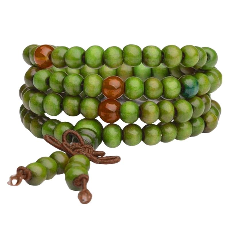 

Довгий браслет з дерев яних намистин ручної роботи з дерева, що символізує спокій та силу для щоденного носіння та медитації зелений