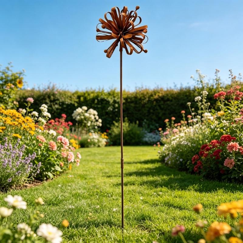 Iron Dahlia Garden Stake For Year Round Display Outdoor Yard Patios Lawn Decoration With Natural Patina Finish Height 70Cm