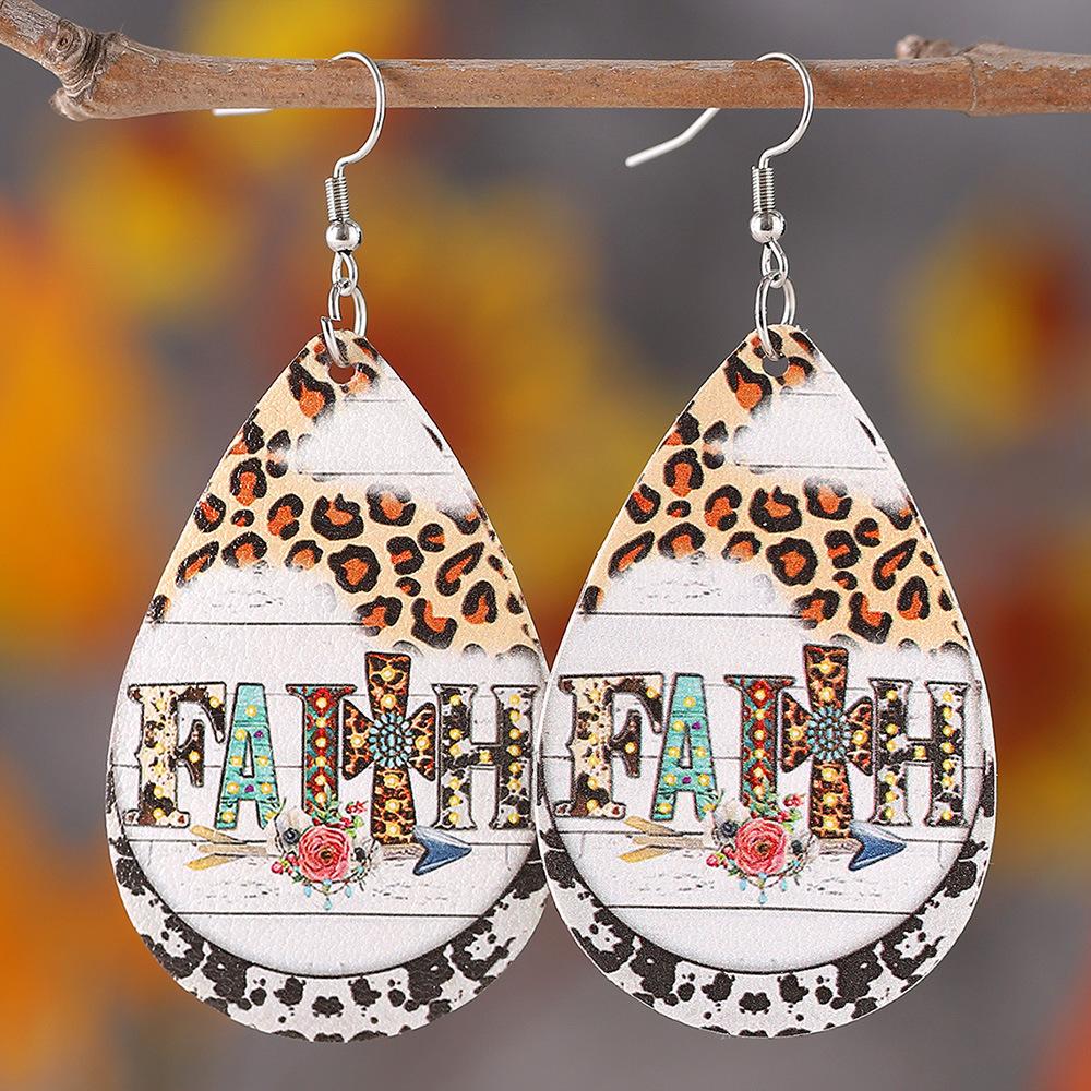 

Джинсовые серьги в стиле вестерн FAITH с леопардовым принтом и бирюзовым крестом, двухсторонняя печать, искусственная кожа, серьги-капли, ювелирные изделия, оптовая продажа