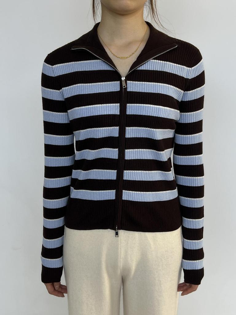 Women's High-Neck Striped Wool Cardigan: Slimming Zipper Sweater for Autumn & Winter, Premium Quality.