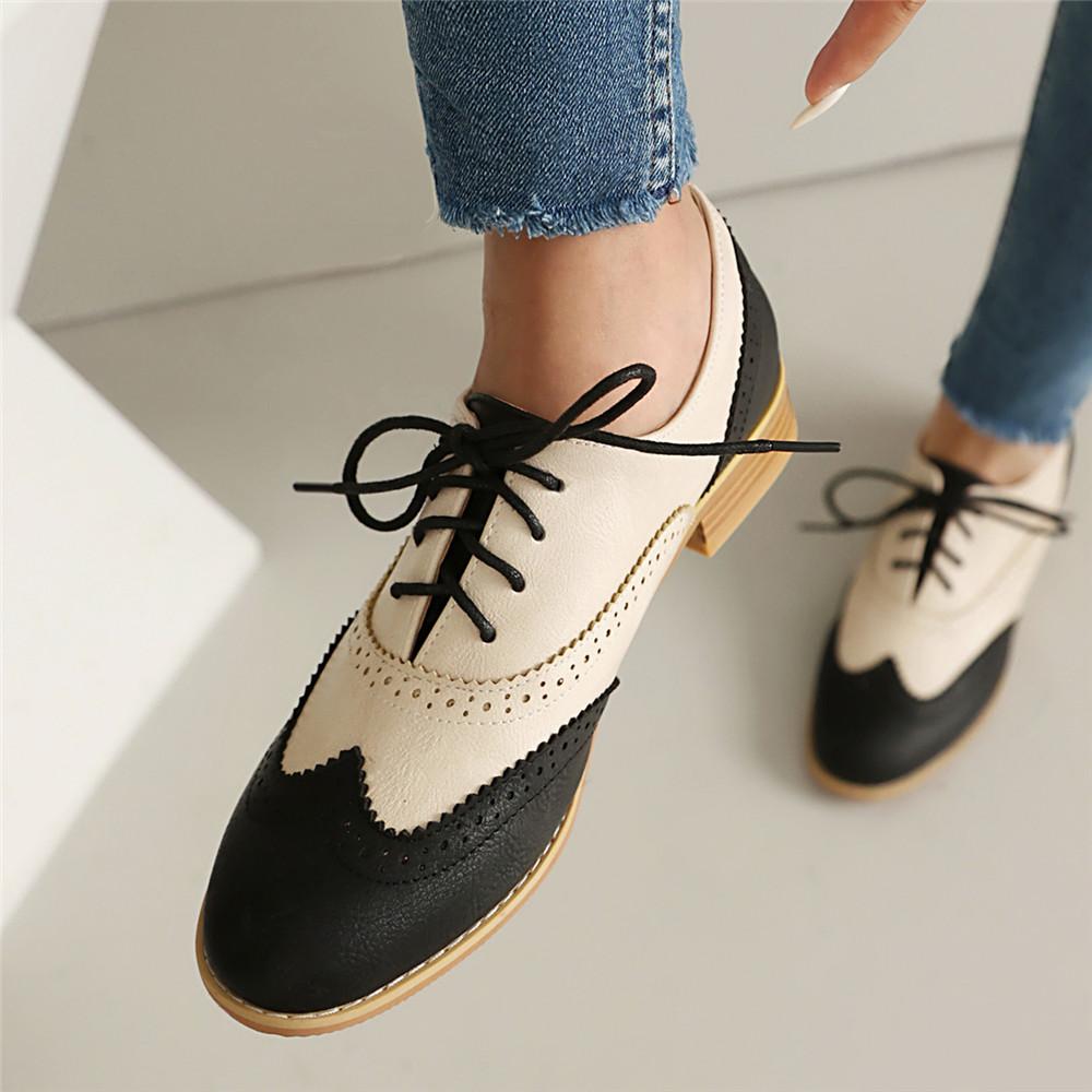 Fashion New 2025 Women Spring New Flats Shoes Women Oxfords Mixed Colors Lace Up Ladies Brogues Shoes Designer Casual Pu Leather Oxfords