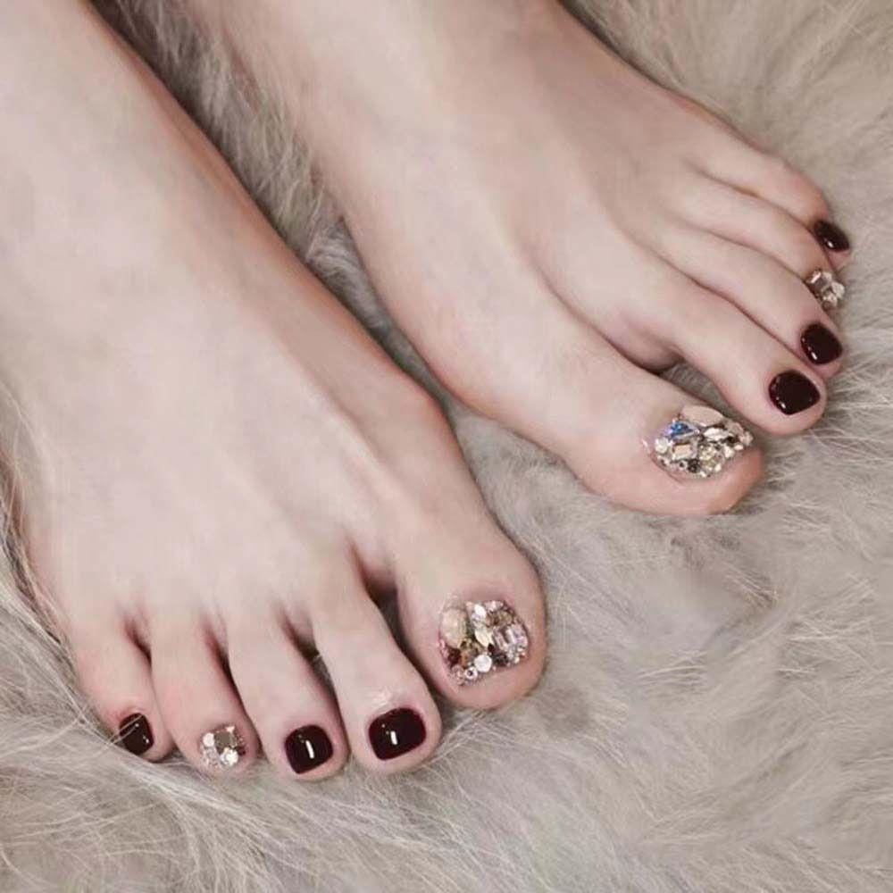 Toenails Full Cover False Nails Rhinestone Fake Toenails Short Nails Patch  False Toenails