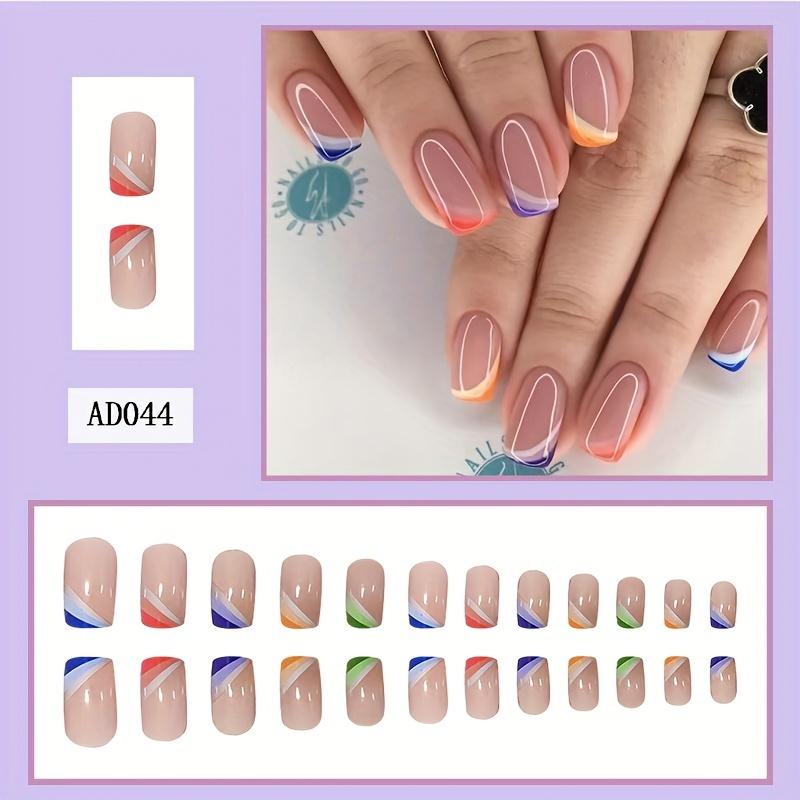 24PCS Press On Nails Colorful French Wear Nails Short Sweet  Cool Nail Pieces Fake Finger Nail Pieces Nail Stickers With Jelly Glue And Rubbing Strip