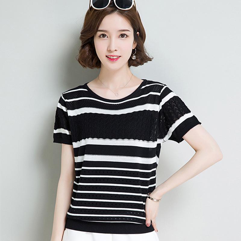 Summer Women's Ice Silk Striped Short Sleeved T-shirt Loose Base Shirt Knitted Versatile Sun Protection Top