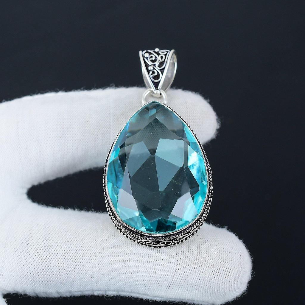 Beautiful Blue Topaz Gemstone Silver Pendant in 925 Sterling Silver- Handmade Design, Everyday Wear Jewelry, Unique Pendant Engagement Gift