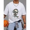 Cotton T Shirt White Skeleton with Headphones and Blue Eyes Cartoon Design for Casual Wear