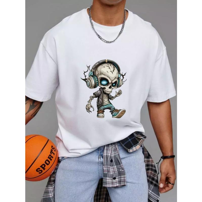 Cotton T Shirt White Skeleton with Headphones and Blue Eyes Cartoon Design for Casual Wear