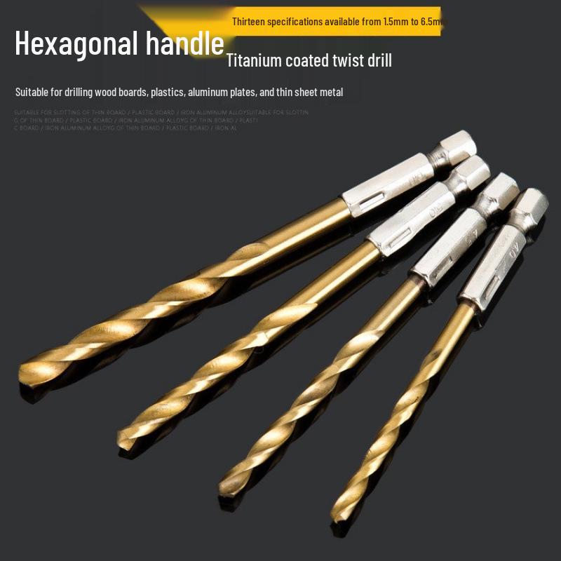 13-teiliges HSS-Bohrer-Set mit Sechskant- und Zylinderschaft, titanbeschichtet, für Holz- und Metallbohrungen