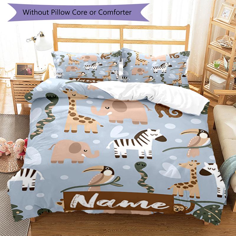3pcs Custom Name Animals Bedding Set Duvet Cover Closure Includes 1 Duvet Cover & 2 Pillowcases, Soft and Comfortable for All Seasons.