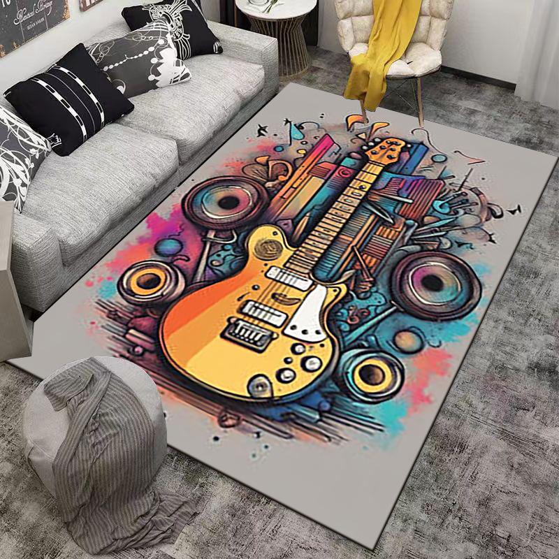 Colorful Electric Guitar Print Carpet with Speakers and Abstract Design Suitable for Use As an Anti-slip for Living Room Bedroom Sofas