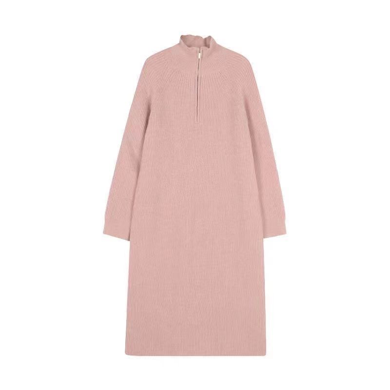 Sweater Dress Female Solid Knee Length Mid Length Loose Bottomed Knit Dress with Wool Long Sleeve Pullover Women