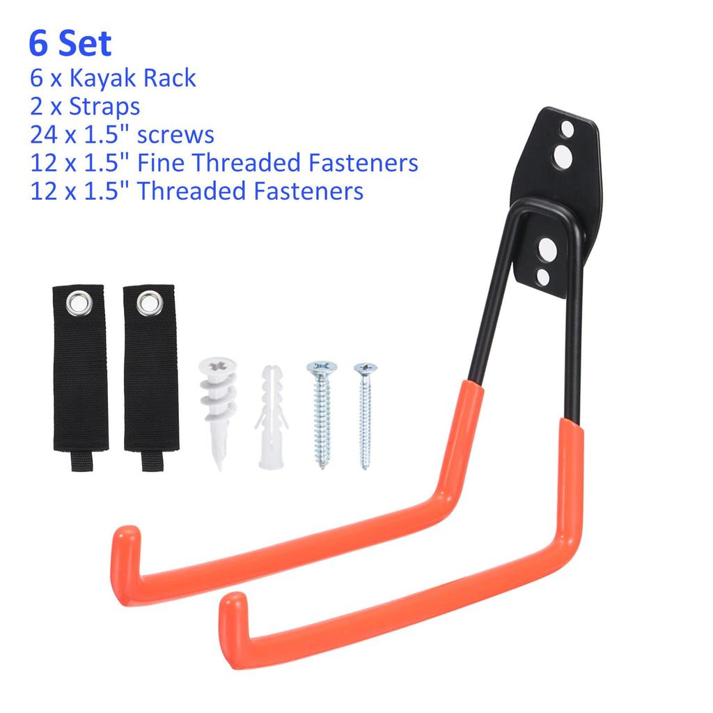 METERXITY 6-Piece Wall-Mounted Garage Hooks with 2 Straps for Ladders, Red