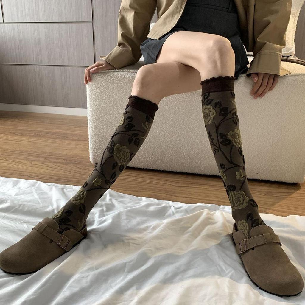 Fashion Vintage Floral Stockings Spring Autumn Cotton Elastic Breathable JK Boots Long Tube Socks Ladies Ruffle Knee High Socks