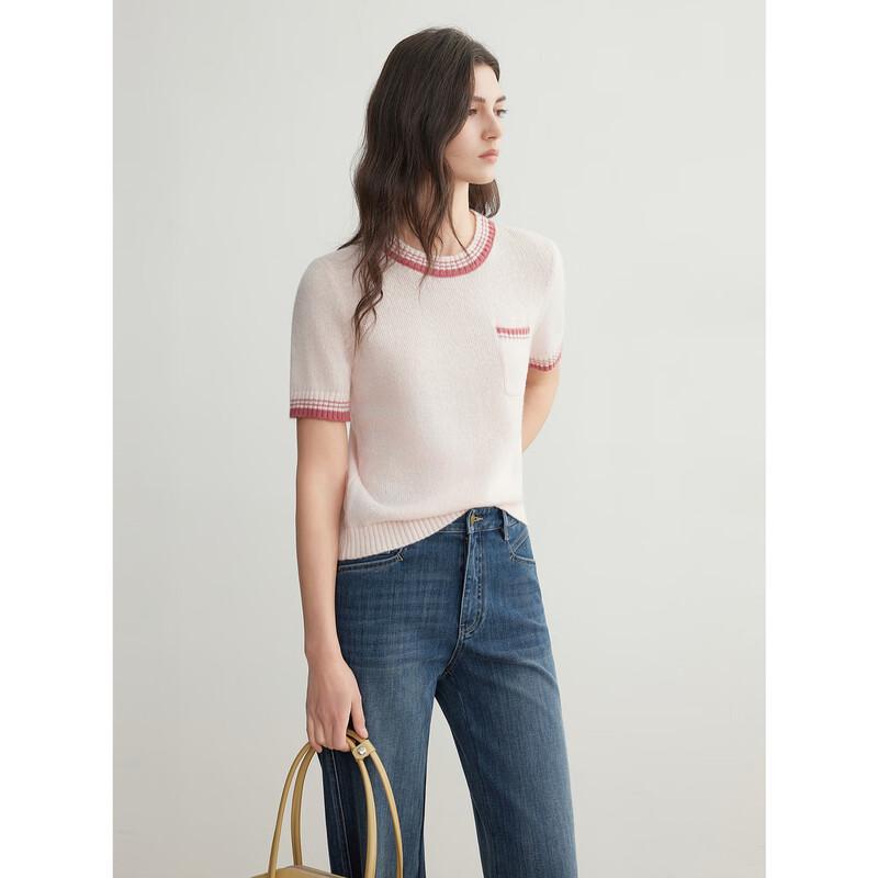 ELLE Women's Mohair Blend Color-Block Knitted Short Sleeve Sweater