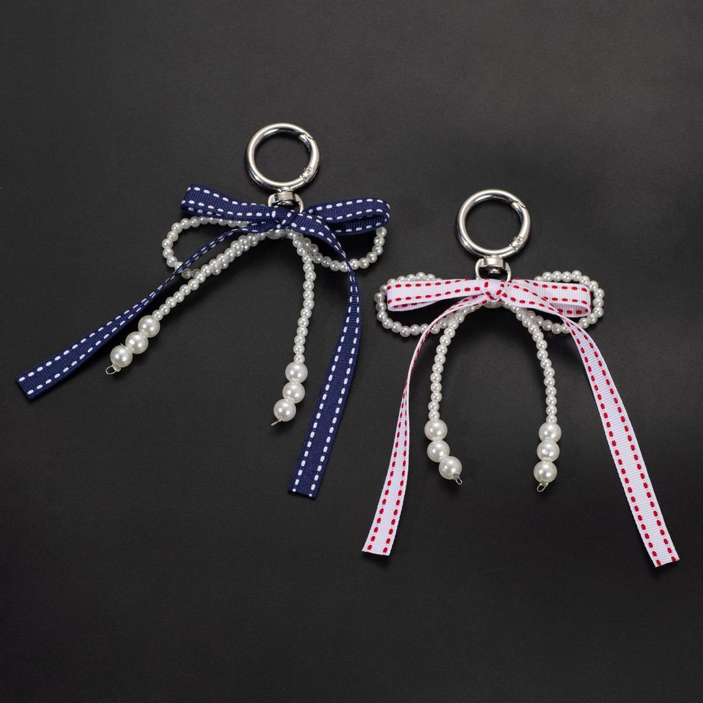 Minimalist Sweet Girl Style Handmade Beaded Faux Pearl Multicolor Ribbon Bow Keychain Charm