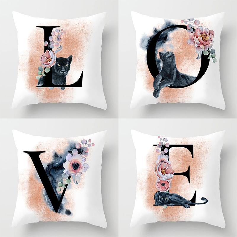 

26 English Alphabet Pillowcase Pink Flower Cat Art Design Wedding Party Birthday Decoration Home Decor Sofa Cushion Cover