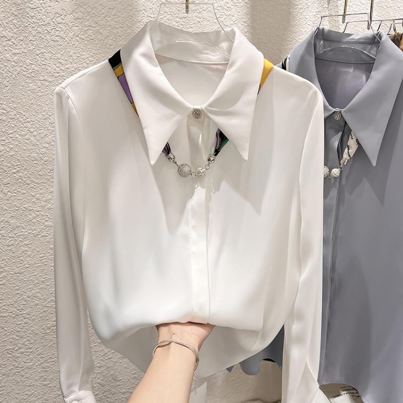 

Приталенная шифоновая блузка в корейском стиле с шарфом в подарок - Женский весенний топ с длинным рукавом M