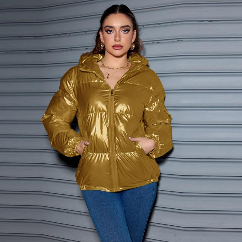Winter Trendy Shiny Hooded Down Coat Women Long Sleeve Solid Color Slim Fit Cotton Warm Parkas Jacket