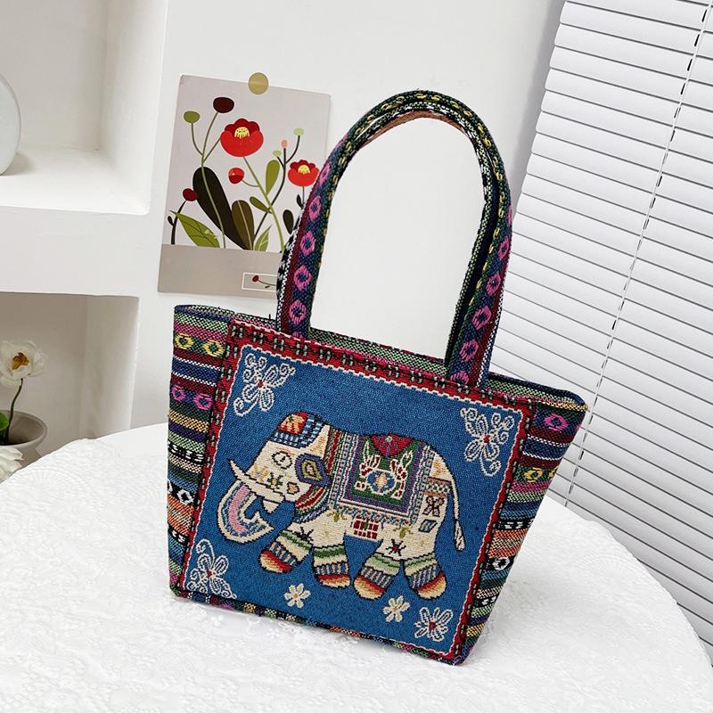 Ethnic Style Handbag Trendy Animal Embroidery Handbag Canvas Women Shoulder Bags Women Grocery Storage Pouch