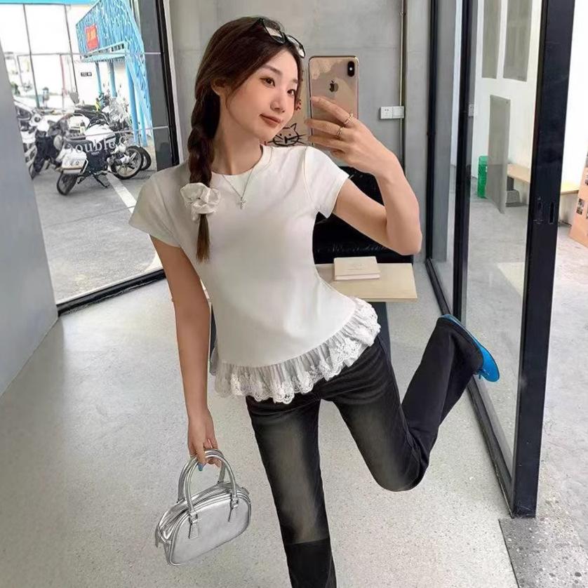 Summer new lace lace ballet-style short-sleeve T-shirt, Korean version new inner layer, designer top for women, wholesale